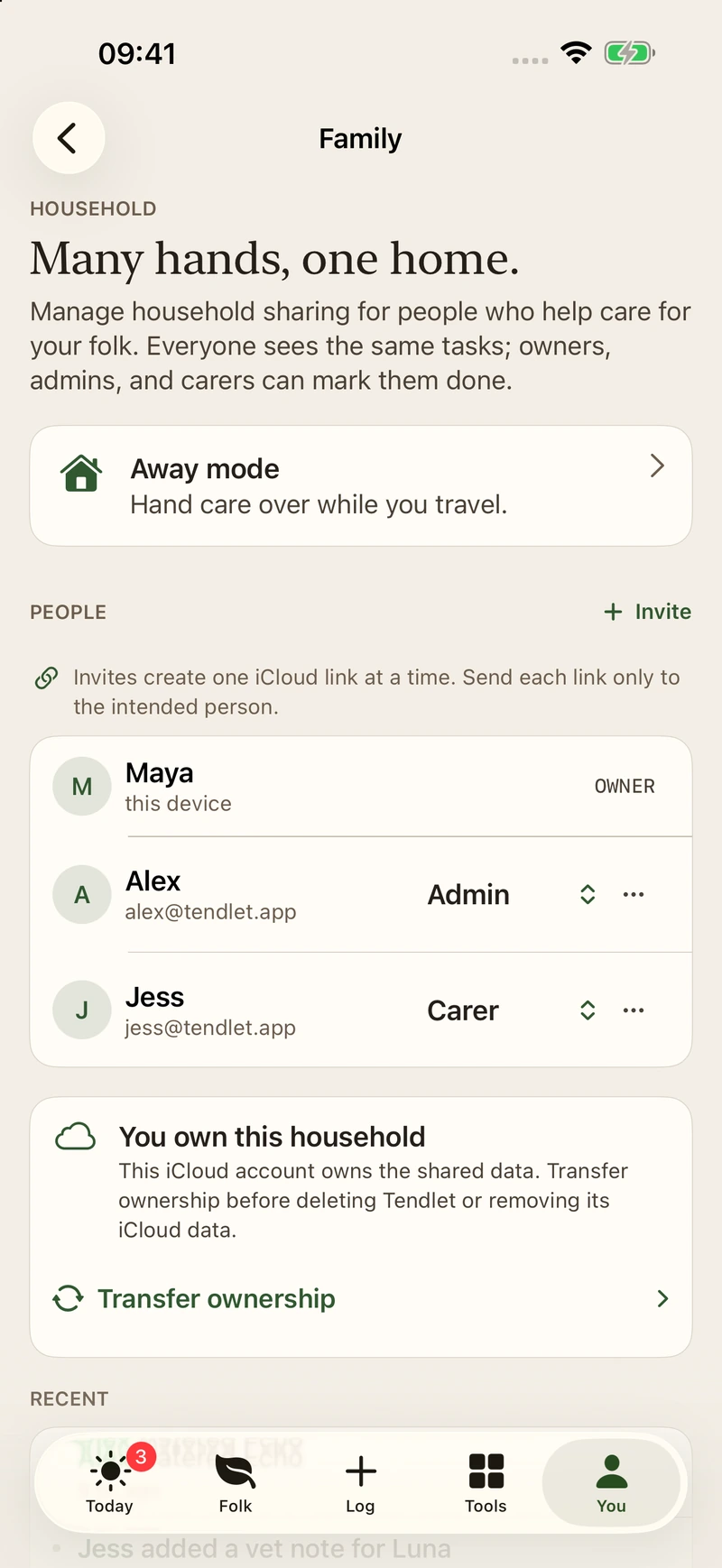 Tendlet’s Family screen showing household sharing and members’ care roles