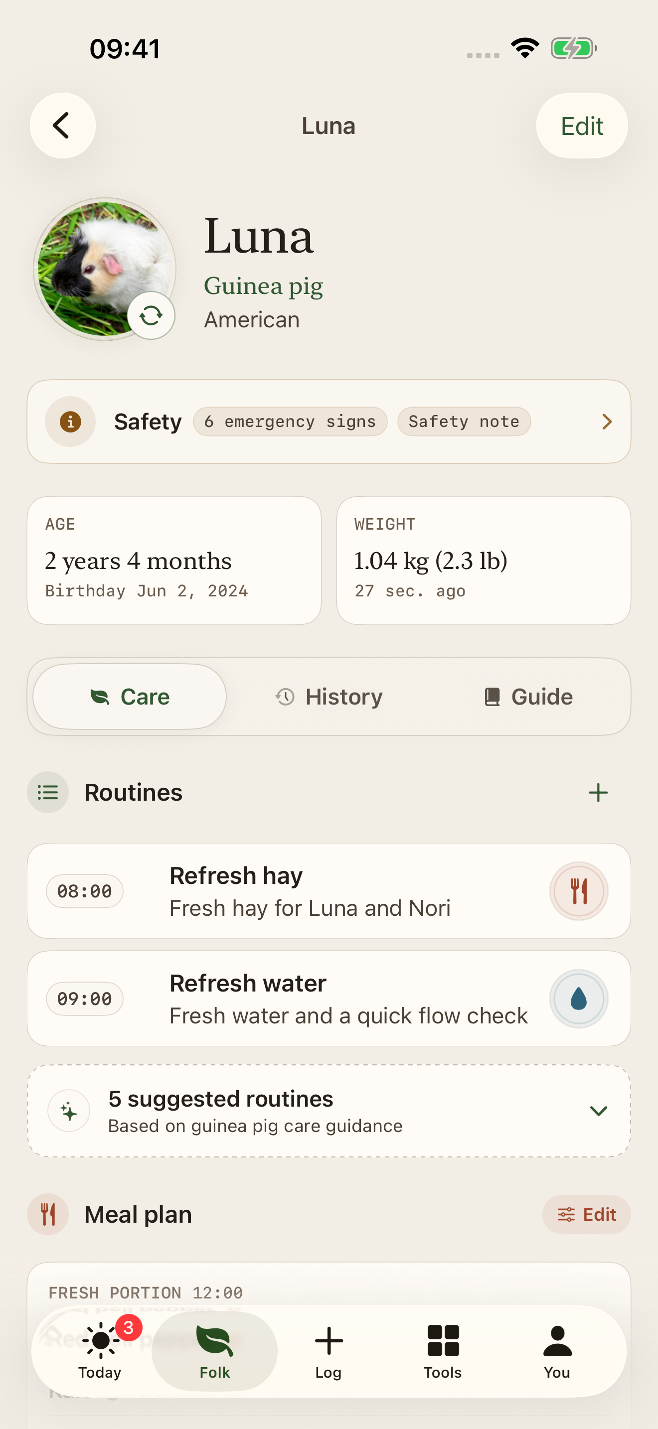 Luna’s Tendlet profile with her saved weight, age and daily care routines